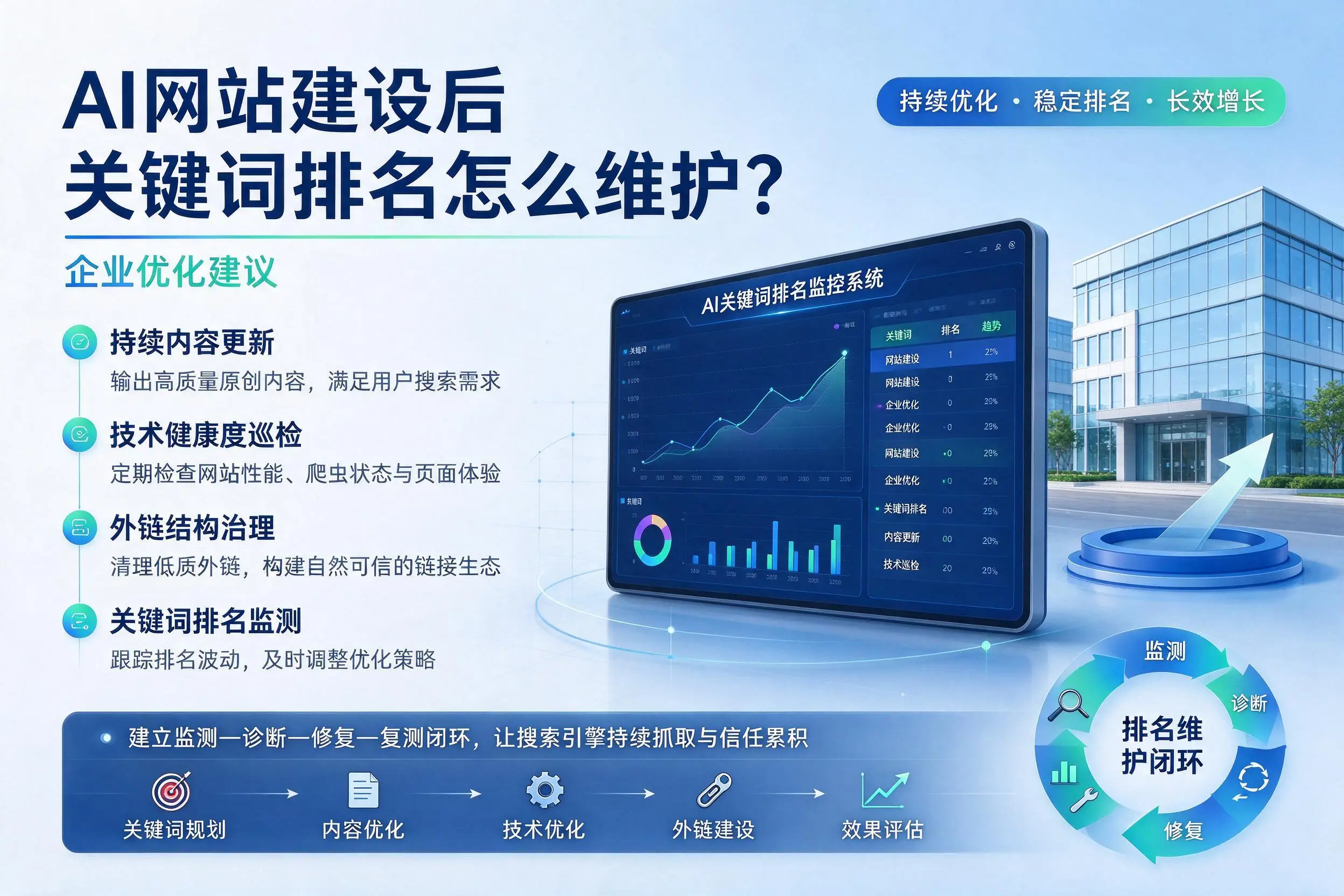 AI网站建设后关键词排名怎么维护?天门企业优化建议